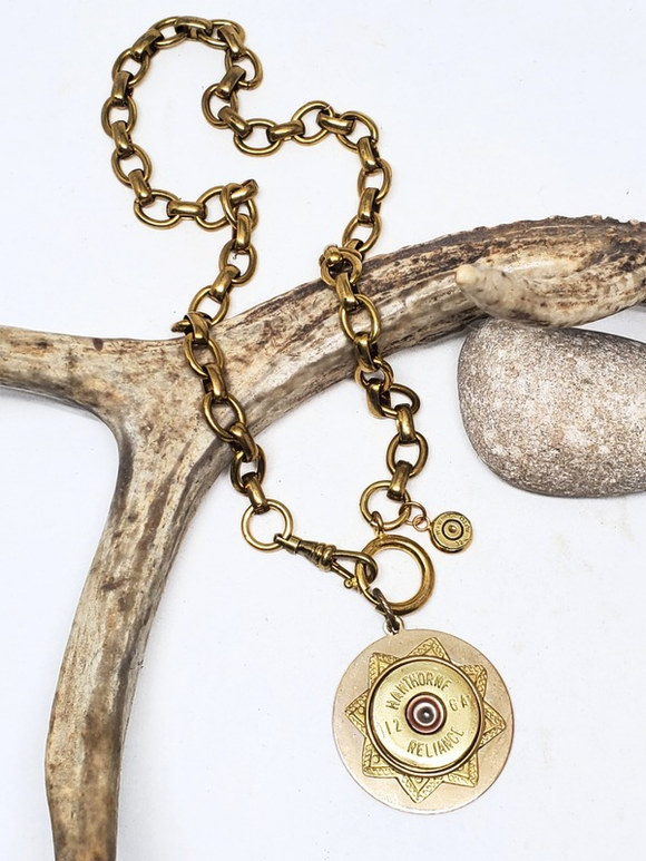 12 Gauge Hawthorne Reliance Brand Vintage Brass Shotshell Necklace