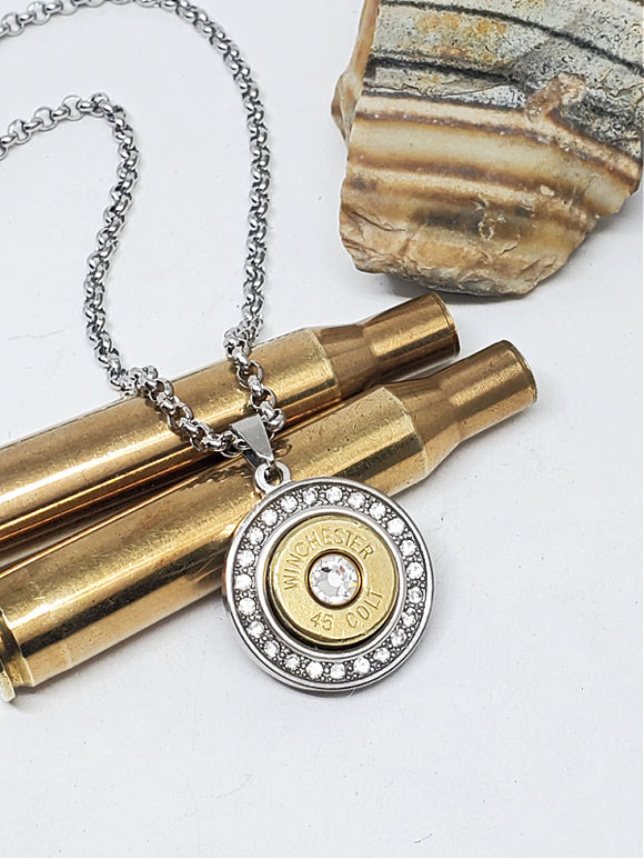 Diamond Crystal Surround 45 Colt Bullet Necklace