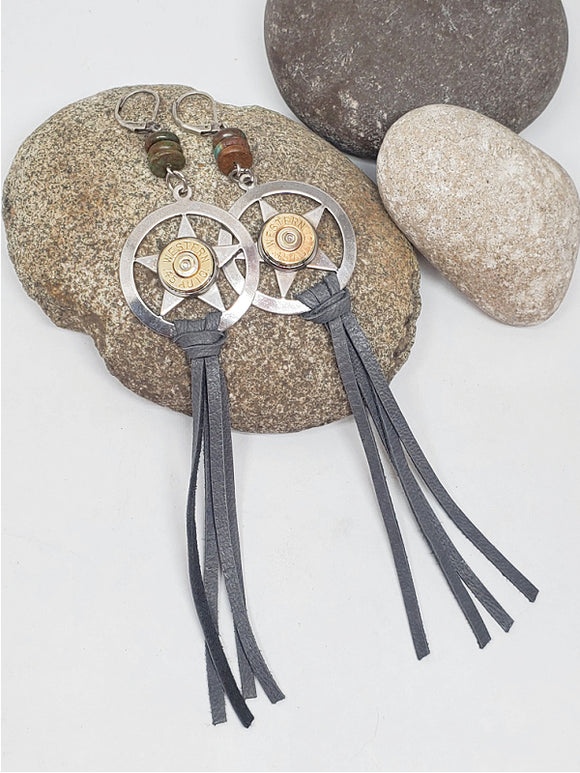 Lone Star Gray Leather Tassel Bullet Earrings