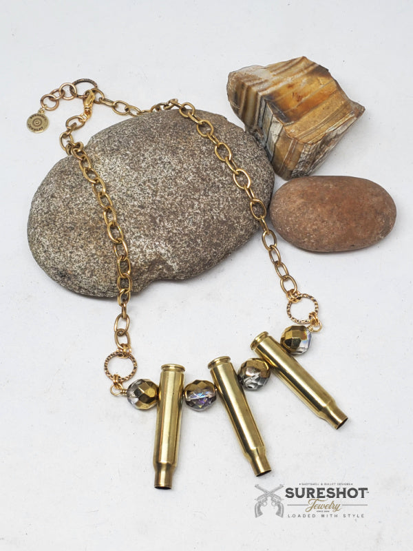 Triple .223 Beaded Antique Gold Bullet Necklace