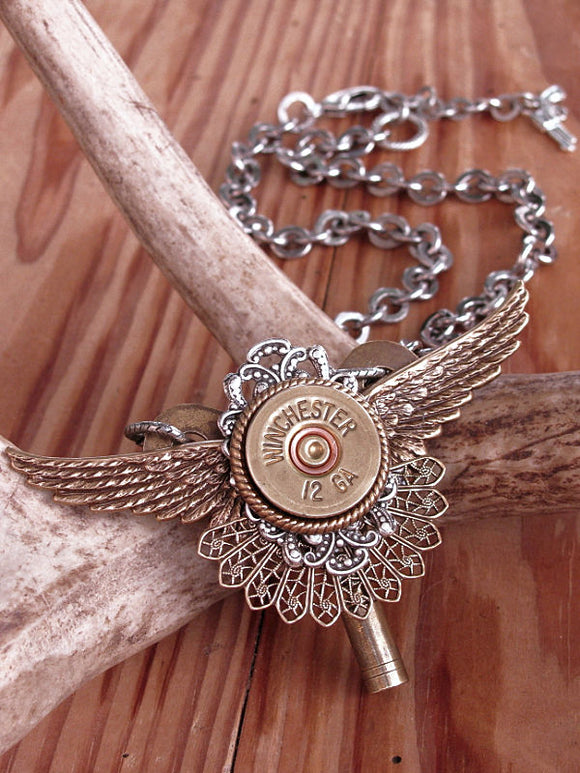 Shotshell Winged Winder Key Necklace - Steampunk Style - Bullet Jewelry –  SureShot Jewelry